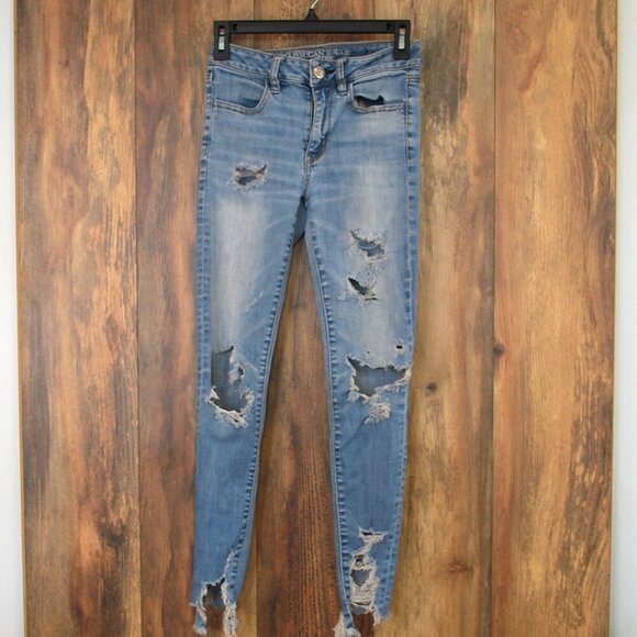 American Eagle Super Stretch Hi Rise Jegging Ankle Cropped Distressed 2 -MW9a - Picture 1 of 6